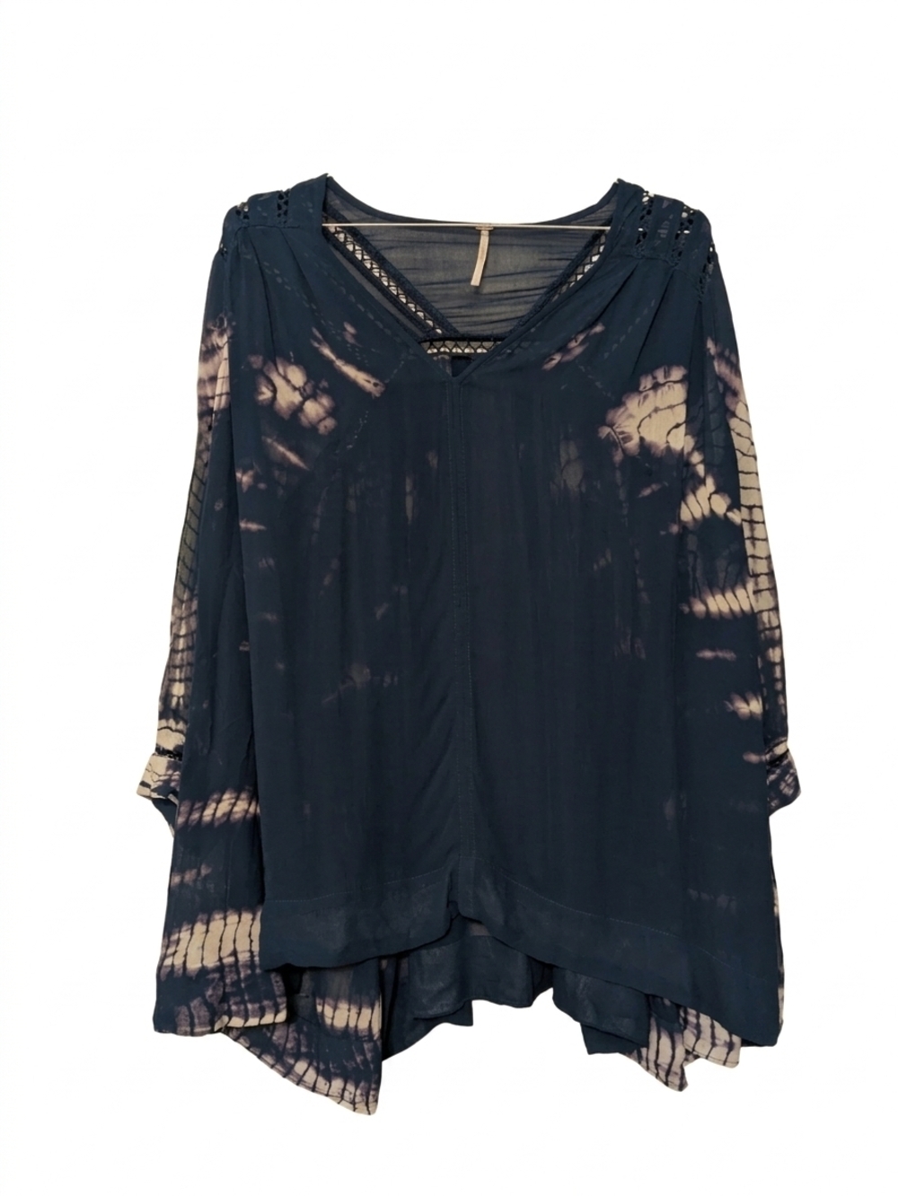 Free People Teal Tie Dye Sheer Boho Blouse M Viscose Crochet Lace V-Neck Tunic